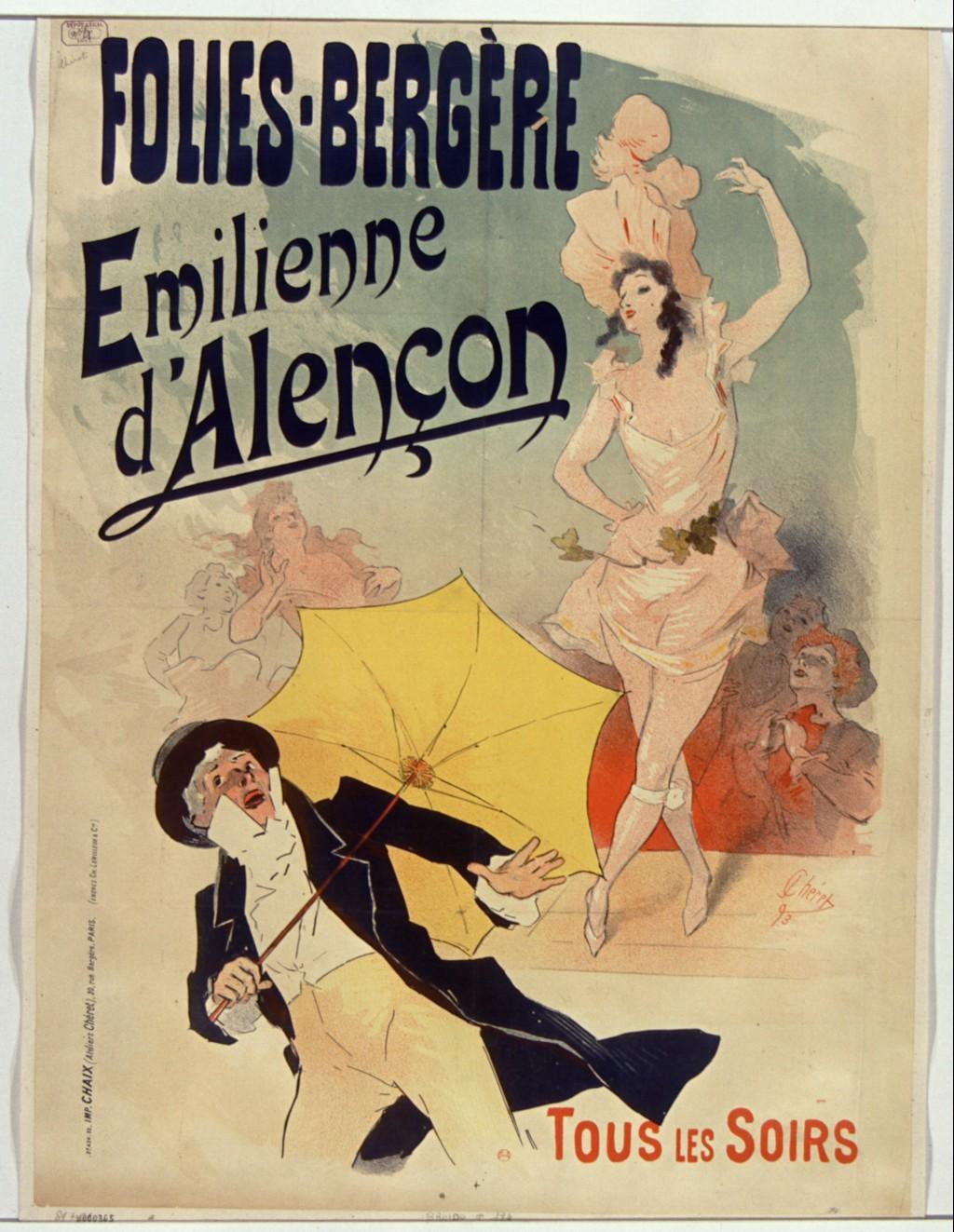 Эмильена д’Алансон на афише «Фоли-Бержер» 1893 года.  Современник Мухи — художник Рене Шере