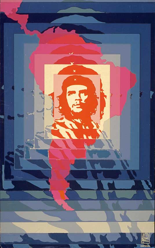 Этот вдохновляющий плакат показывает лицо Че на фоне концентрических квадратов, превращающихся в карту Южной Америки. Хелена Серрано разработала его, чтобы отметить День героического партизана в 1968 году, всего через год после того, как Че был казнен.